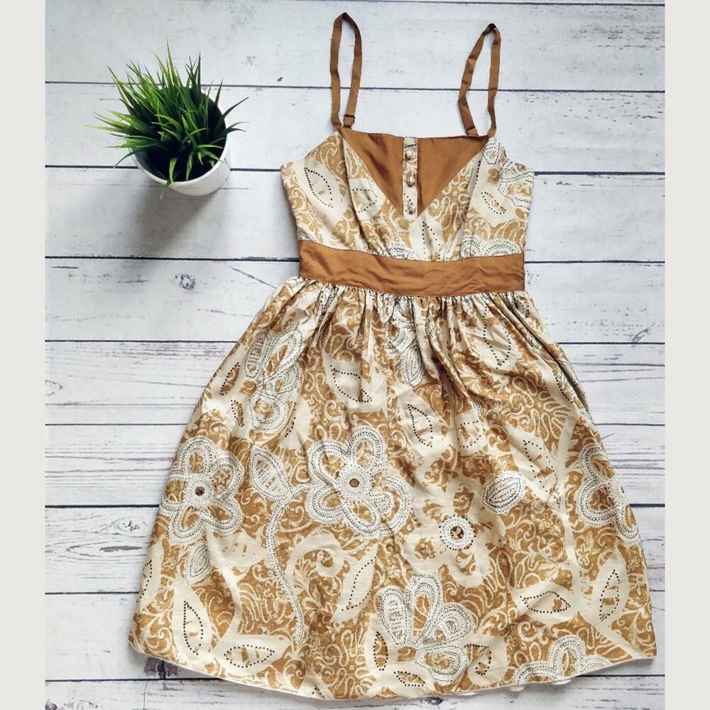 ANNA SUI ANTHROPOLOGIE Amid the Dunes Ochre Silk Dress Size 2